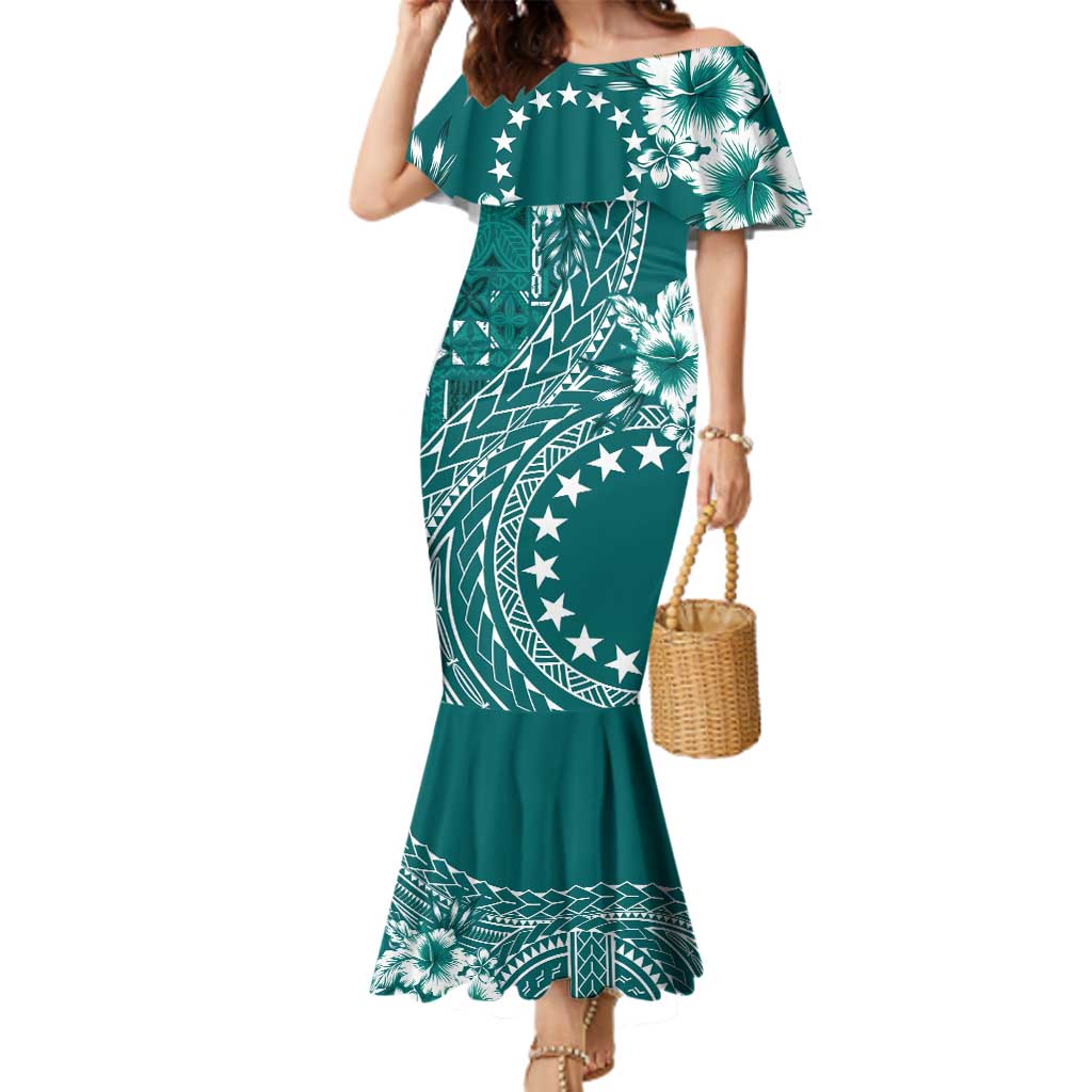 Kia Orana Cook Islands Family Matching Mermaid Dress and Hawaiian Shirt Tiare and Stars - Teal LT7 Mom's Dress Teal - Polynesian Pride