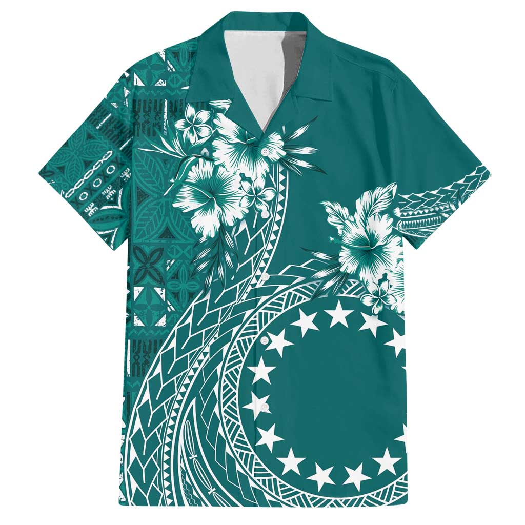 Kia Orana Cook Islands Family Matching Off Shoulder Maxi Dress and Hawaiian Shirt Tiare and Stars - Teal LT7 Dad's Shirt - Short Sleeve Teal - Polynesian Pride