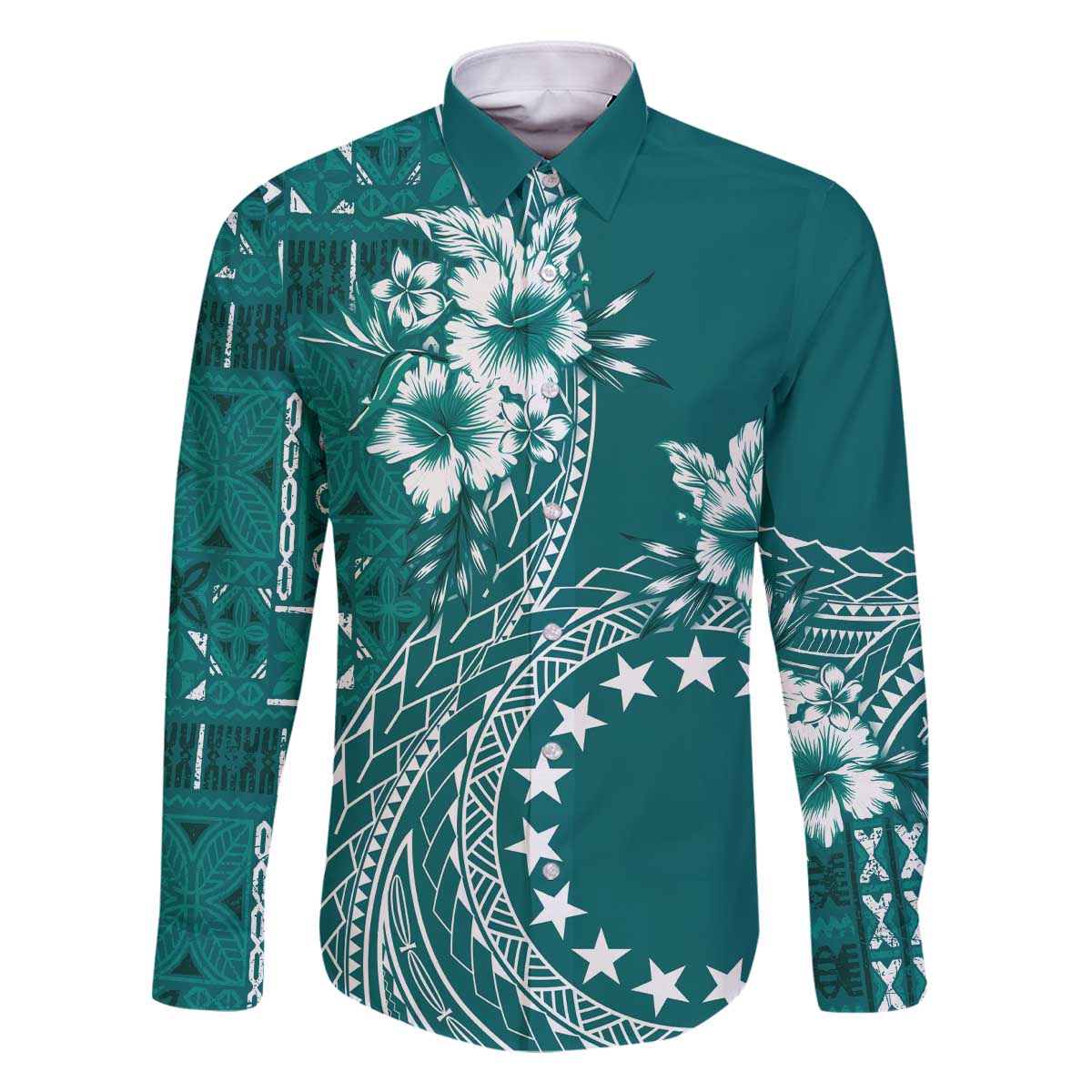 Kia Orana Cook Islands Family Matching Off Shoulder Short Dress and Hawaiian Shirt Tiare and Stars - Teal