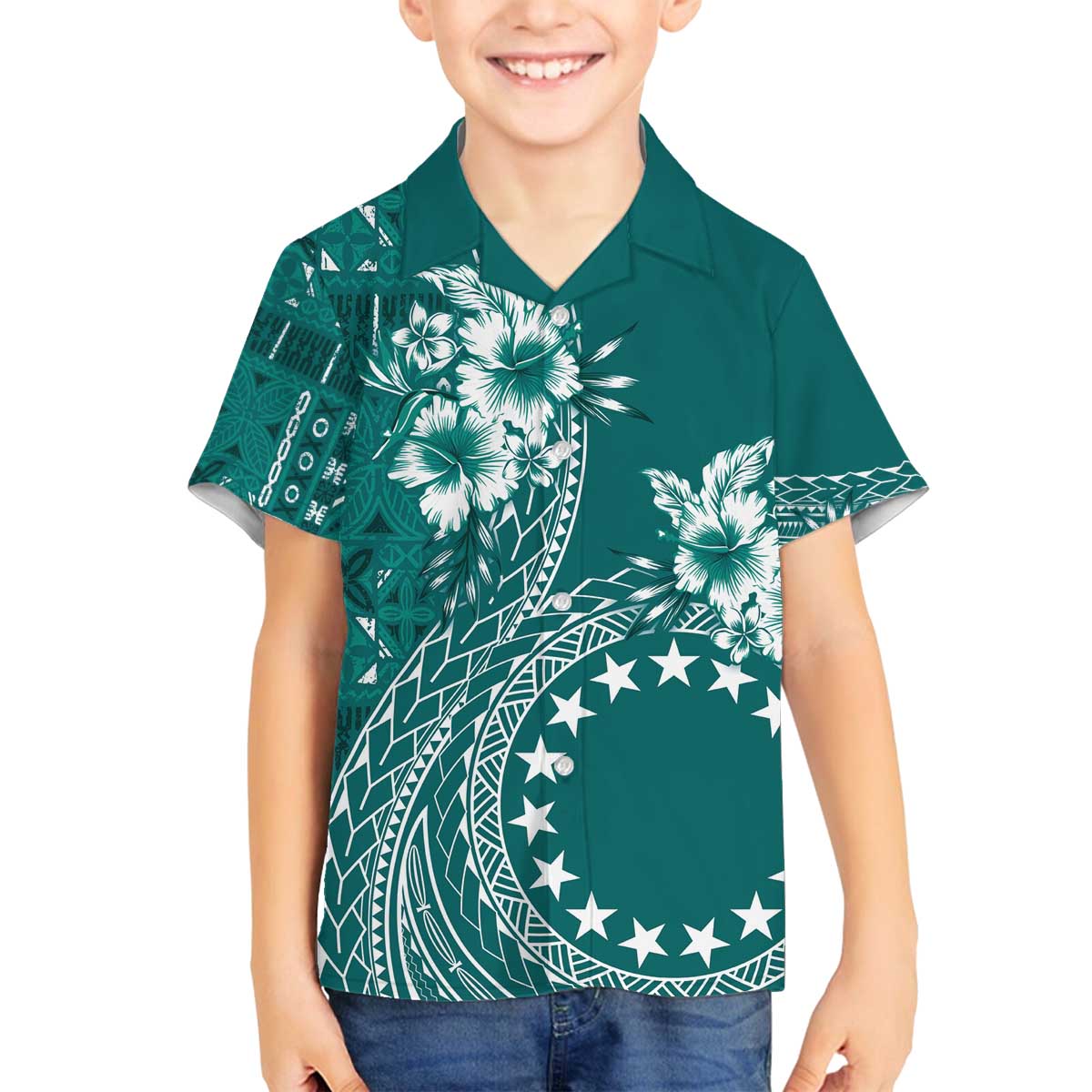 Kia Orana Cook Islands Family Matching Off Shoulder Short Dress and Hawaiian Shirt Tiare and Stars - Teal