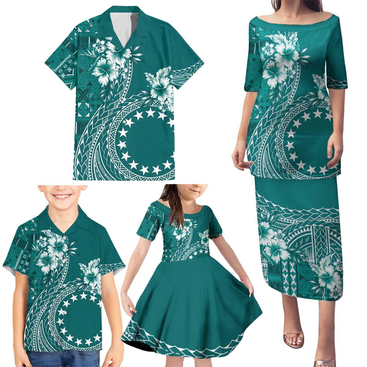 Kia Orana Cook Islands Family Matching Puletasi and Hawaiian Shirt Tiare and Stars - Teal LT7 - Polynesian Pride