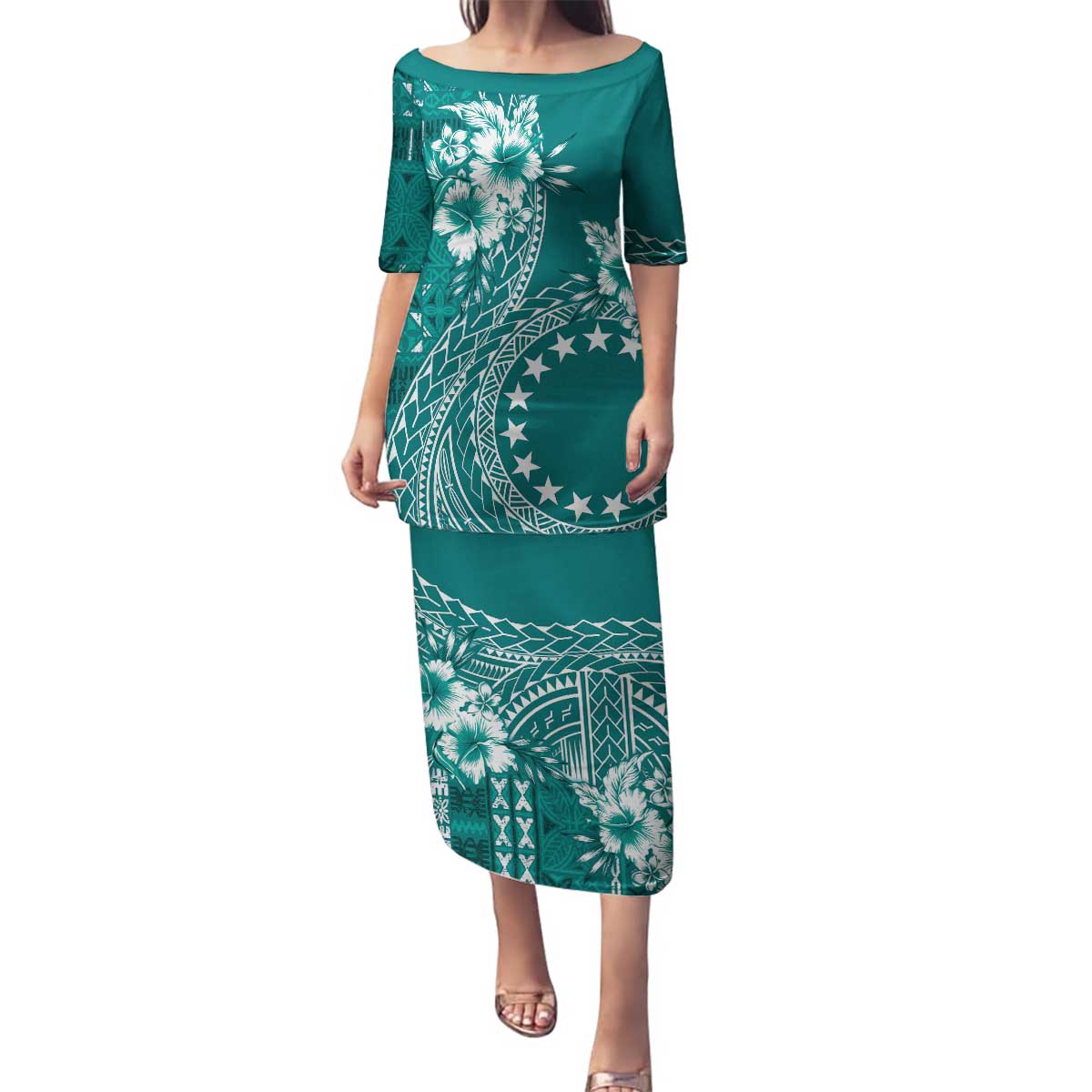 Kia Orana Cook Islands Family Matching Puletasi and Hawaiian Shirt Tiare and Stars - Teal LT7 Mom's Dress Teal - Polynesian Pride