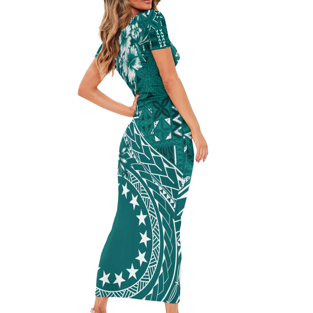 Kia Orana Cook Islands Family Matching Short Sleeve Bodycon Dress and Hawaiian Shirt Tiare and Stars - Teal LT7 - Polynesian Pride