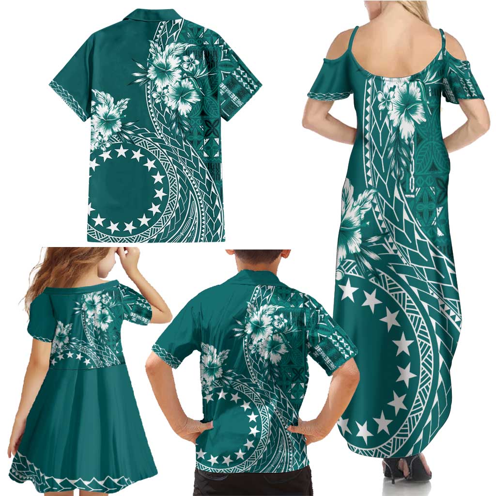 Kia Orana Cook Islands Family Matching Summer Maxi Dress and Hawaiian Shirt Tiare and Stars - Teal LT7 - Polynesian Pride