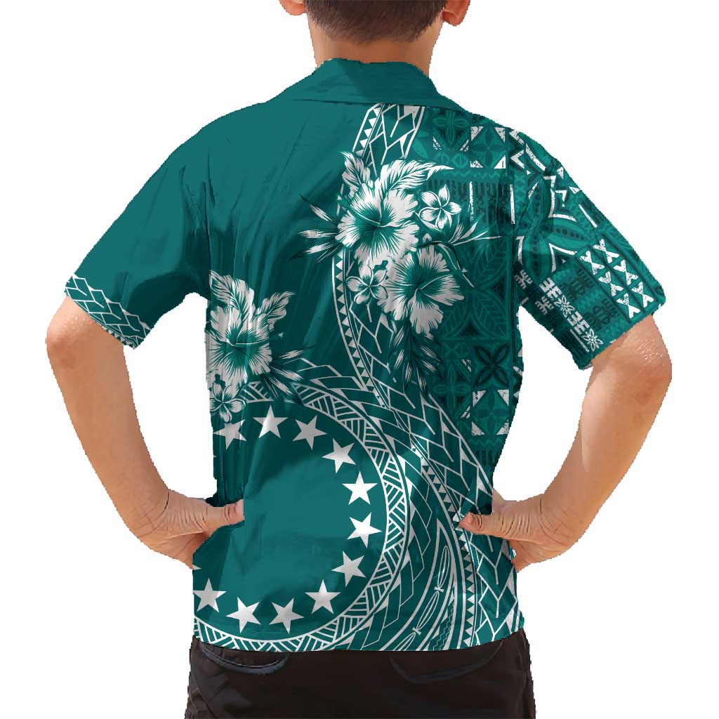 Kia Orana Cook Islands Family Matching Tank Maxi Dress and Hawaiian Shirt Tiare and Stars - Teal LT7 - Polynesian Pride