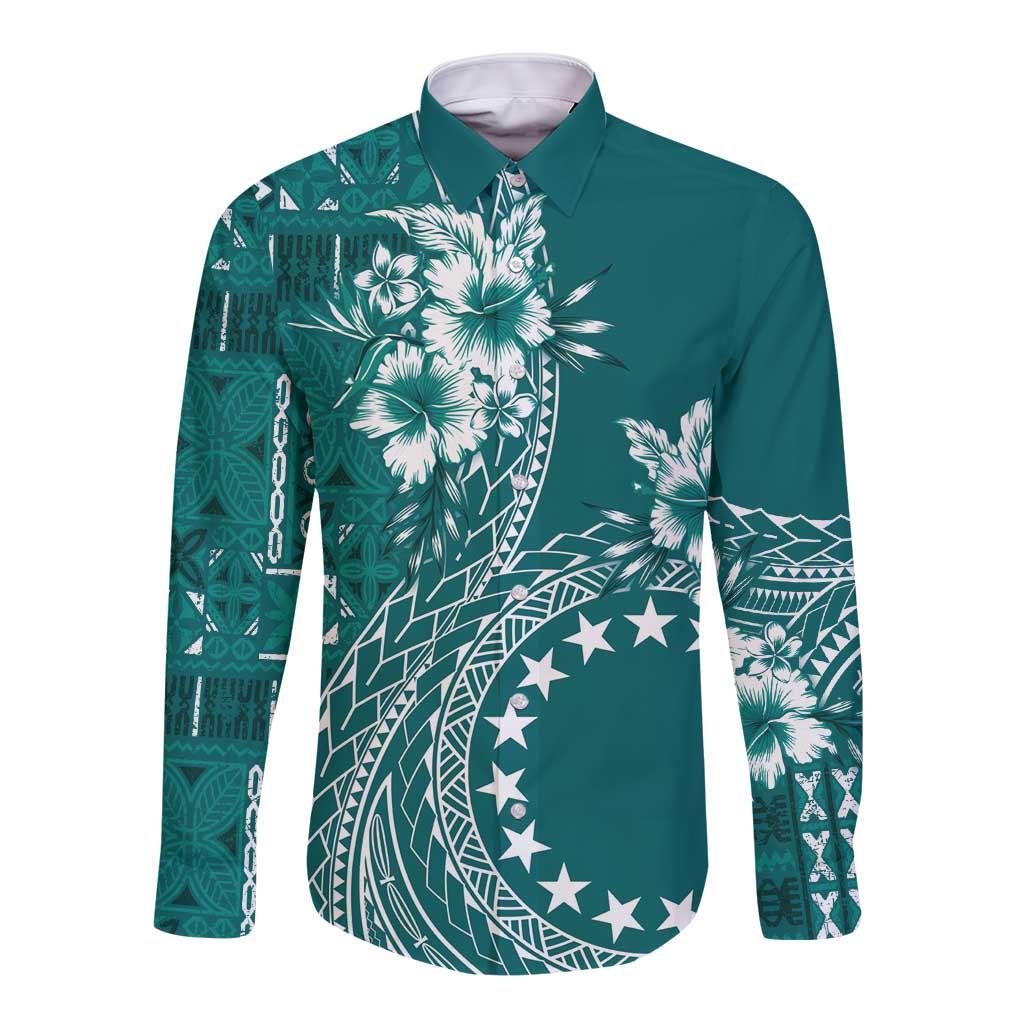 Kia Orana Cook Islands Long Sleeve Button Shirt Tiare and Stars - Teal LT7 Unisex Teal - Polynesian Pride