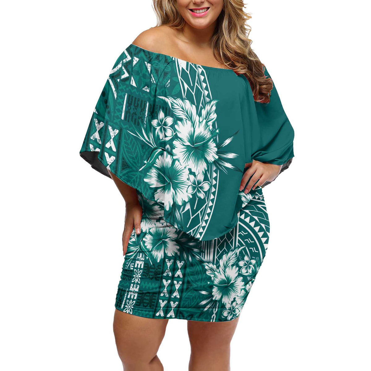 Kia Orana Cook Islands Off Shoulder Short Dress Tiare and Stars - Teal