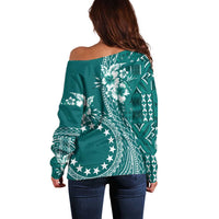 Kia Orana Cook Islands Off Shoulder Sweater Tiare and Stars - Teal