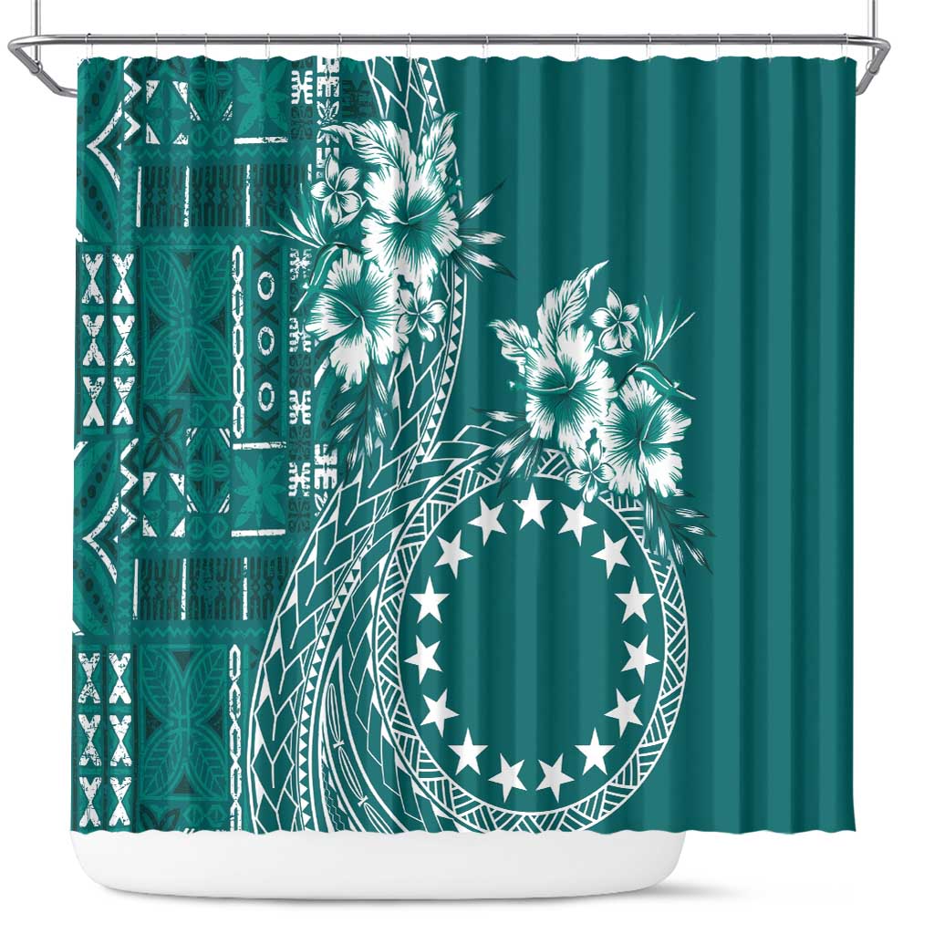 Kia Orana Cook Islands Shower Curtain Tiare and Stars - Teal