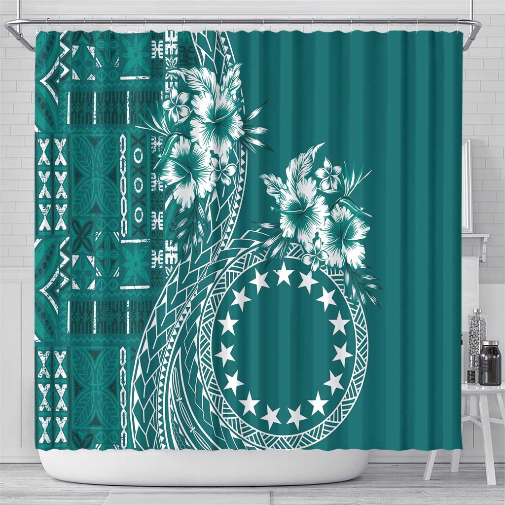 Kia Orana Cook Islands Shower Curtain Tiare and Stars - Teal LT7 - Polynesian Pride