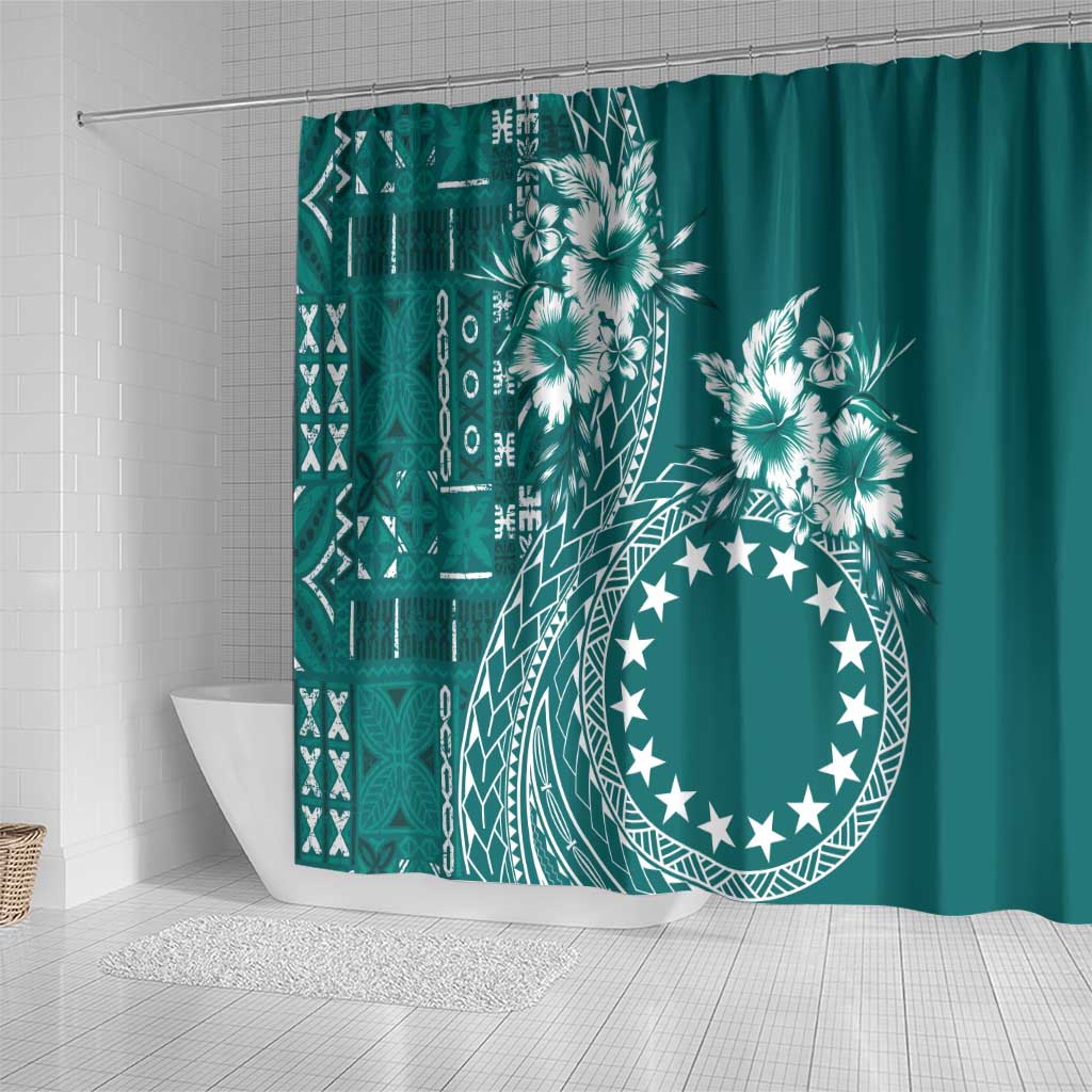 Kia Orana Cook Islands Shower Curtain Tiare and Stars - Teal LT7 - Polynesian Pride