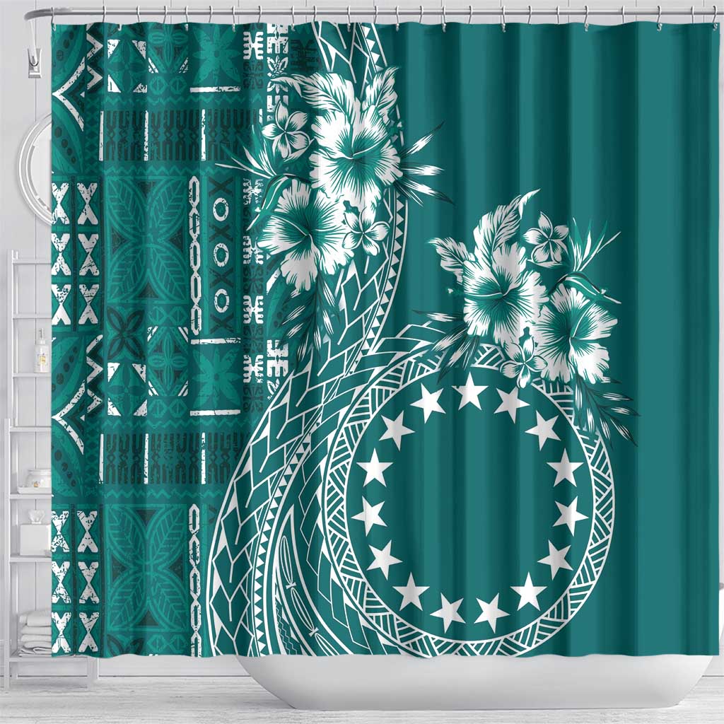 Kia Orana Cook Islands Shower Curtain Tiare and Stars - Teal LT7 - Polynesian Pride