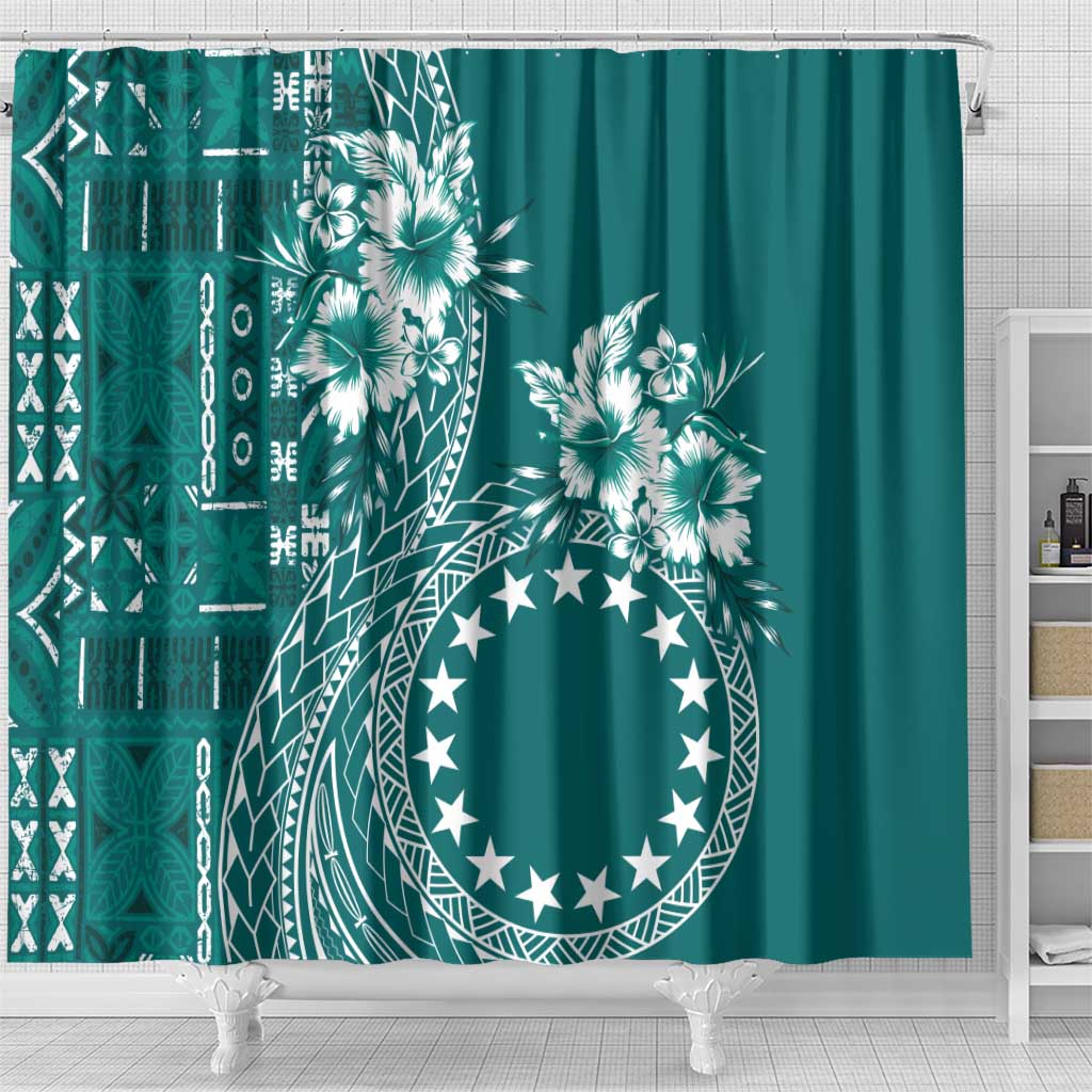 Kia Orana Cook Islands Shower Curtain Tiare and Stars - Teal LT7 - Polynesian Pride