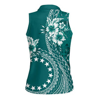 Kia Orana Cook Islands Women Sleeveless Polo Shirt Tiare and Stars - Teal LT7 - Polynesian Pride