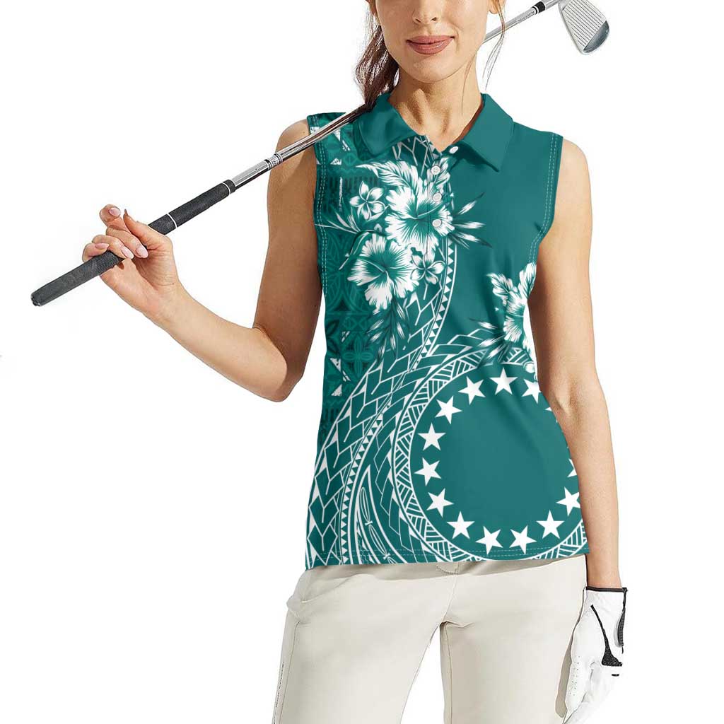 Kia Orana Cook Islands Women Sleeveless Polo Shirt Tiare and Stars - Teal LT7 - Polynesian Pride