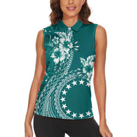 Kia Orana Cook Islands Women Sleeveless Polo Shirt Tiare and Stars - Teal LT7 - Polynesian Pride