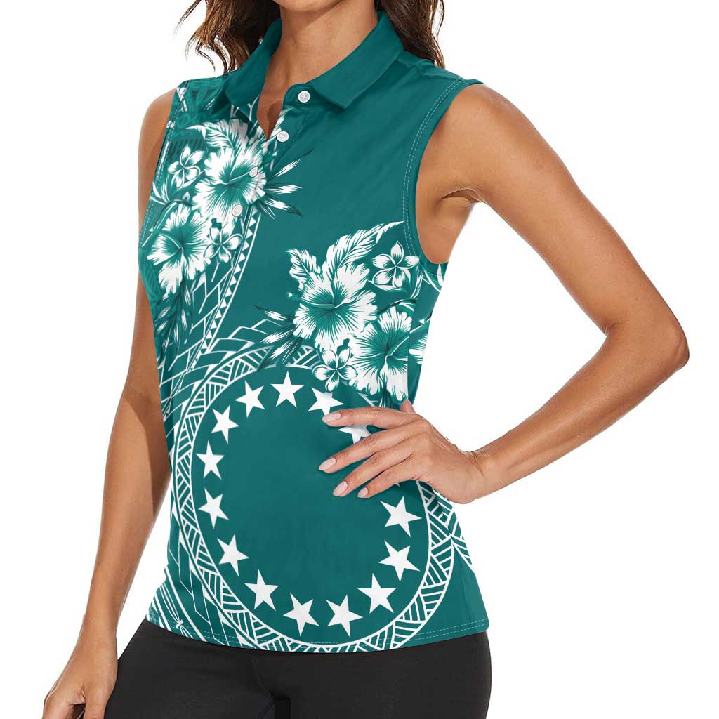 Kia Orana Cook Islands Women Sleeveless Polo Shirt Tiare and Stars - Teal LT7 - Polynesian Pride