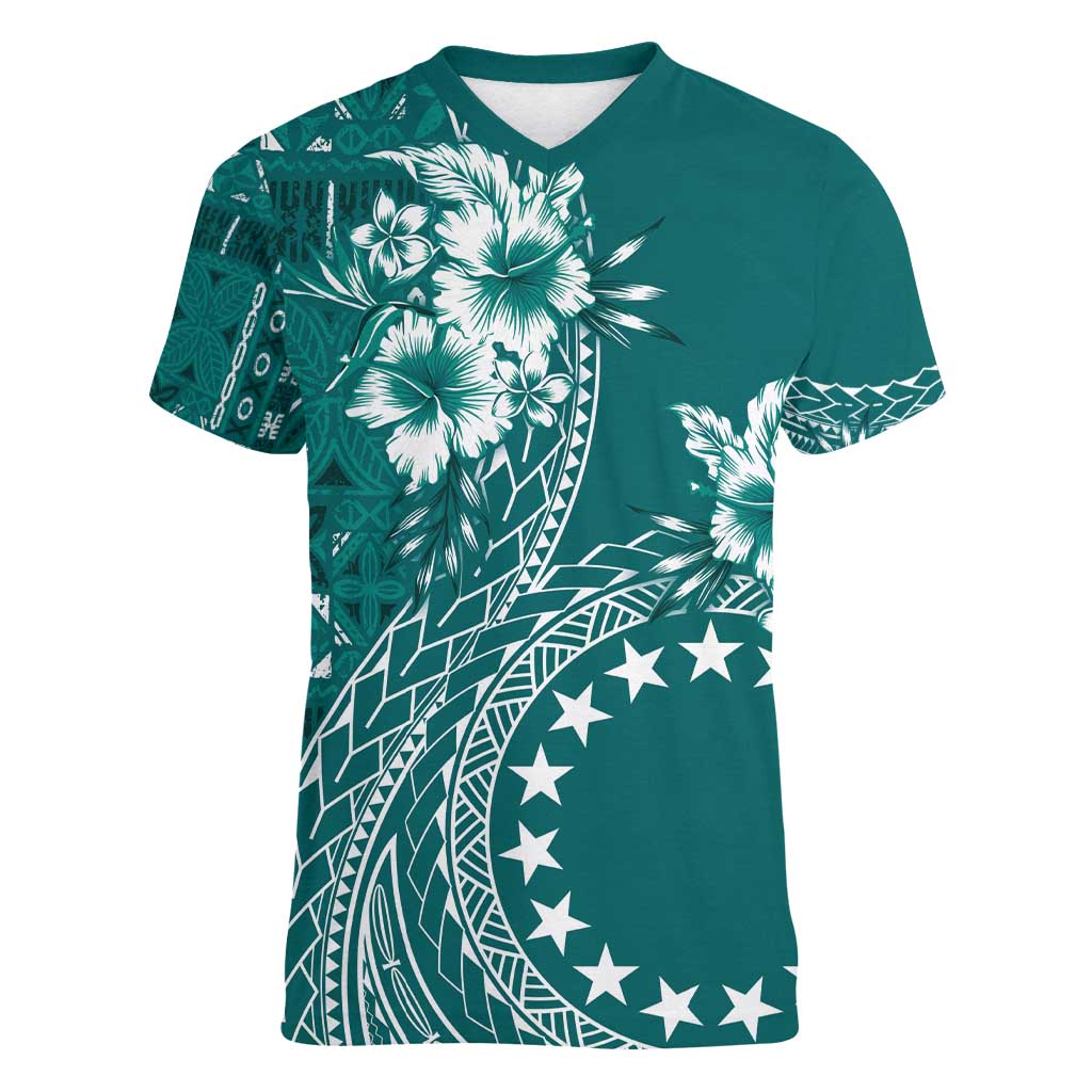 Kia Orana Cook Islands Women V-Neck T-Shirt Tiare and Stars - Teal LT7 Female Teal - Polynesian Pride