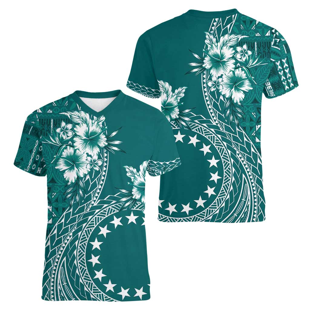 Kia Orana Cook Islands Women V-Neck T-Shirt Tiare and Stars - Teal LT7 - Polynesian Pride