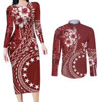 Kia Orana Cook Islands Couples Matching Long Sleeve Bodycon Dress and Long Sleeve Button Shirt Tiare and Stars - Scarlet LT7 Red - Polynesian Pride