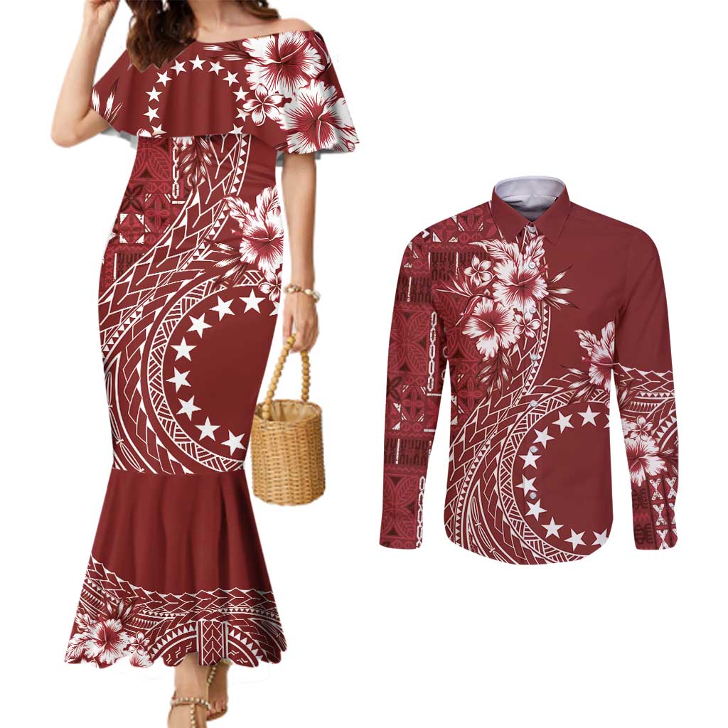 Kia Orana Cook Islands Couples Matching Mermaid Dress and Long Sleeve Button Shirt Tiare and Stars - Scarlet