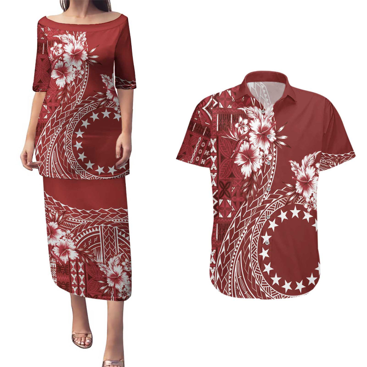 Kia Orana Cook Islands Couples Matching Puletasi and Hawaiian Shirt Tiare and Stars - Scarlet