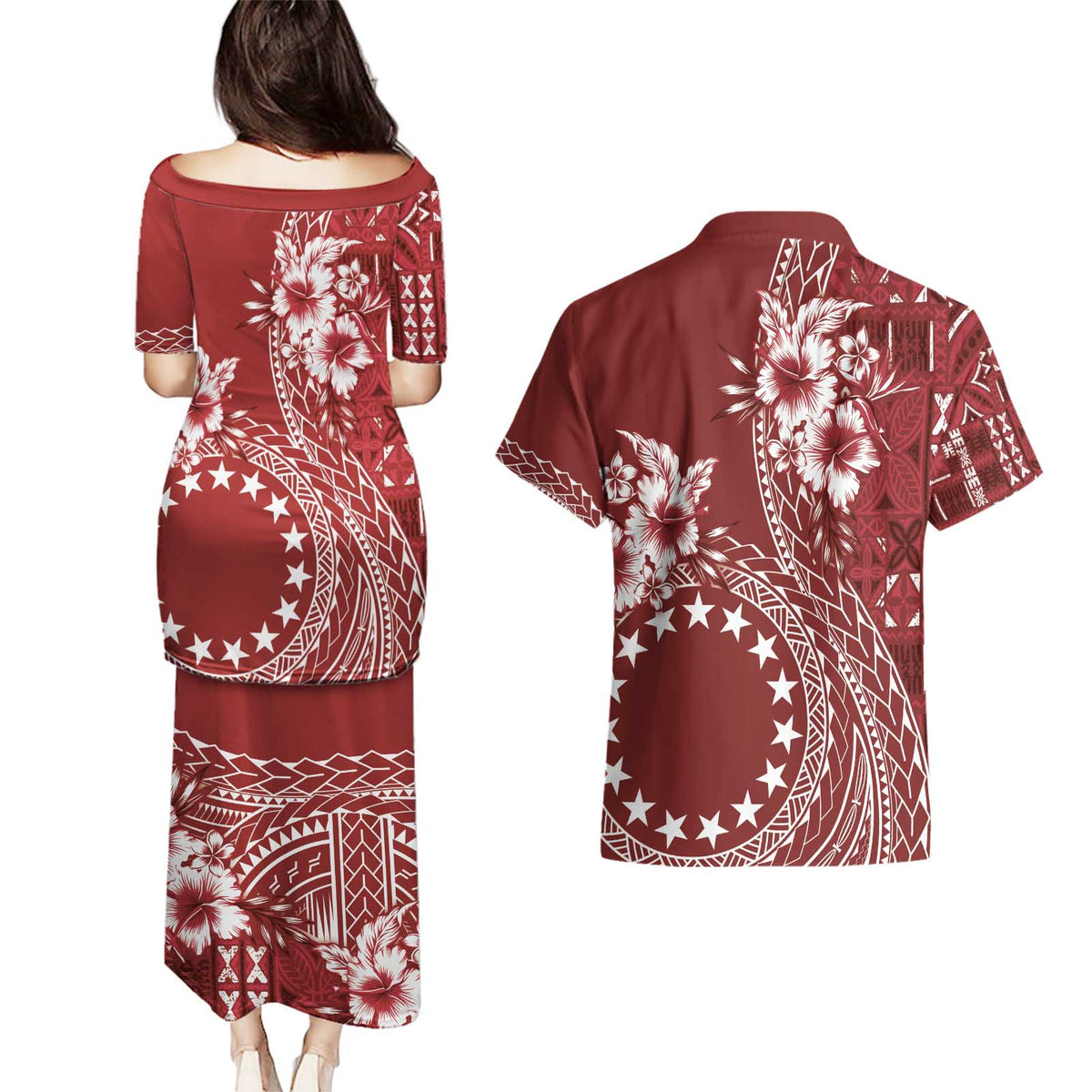 Kia Orana Cook Islands Couples Matching Puletasi and Hawaiian Shirt Tiare and Stars - Scarlet