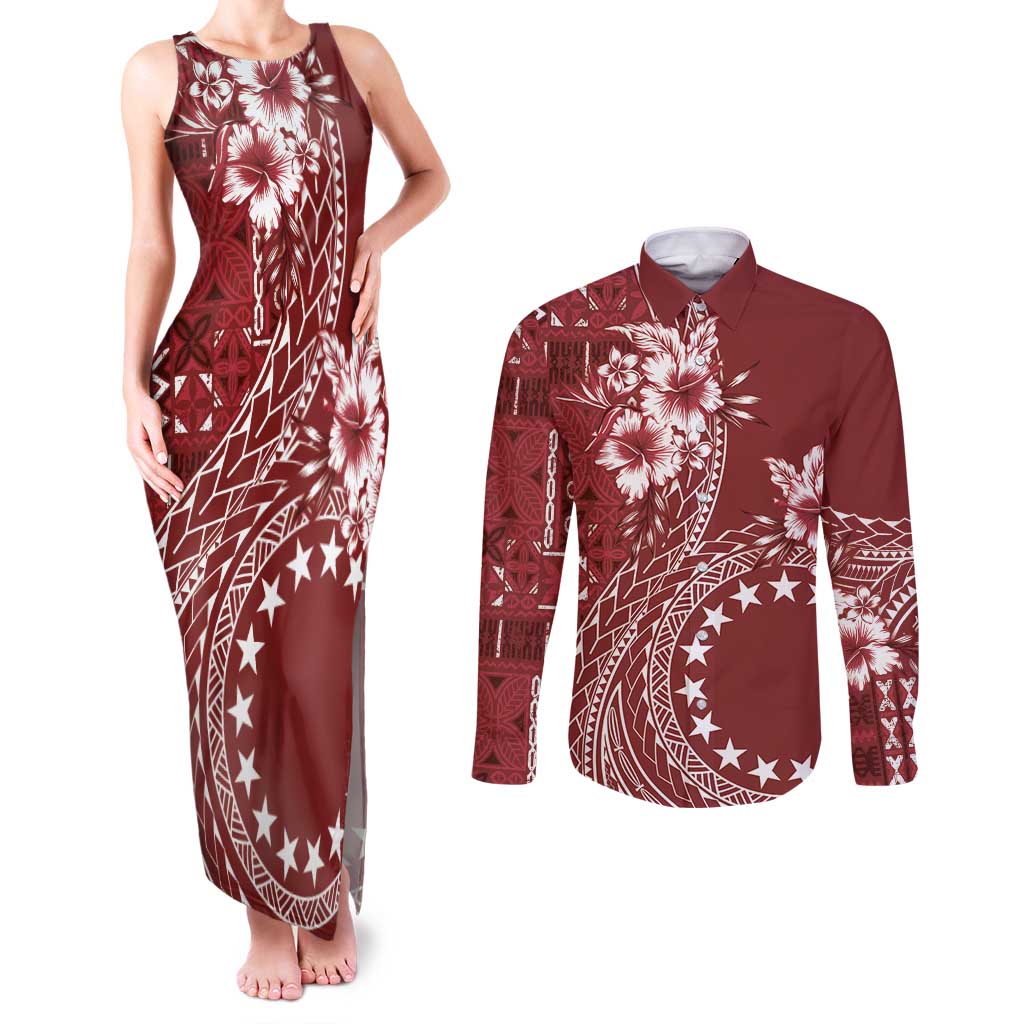 Kia Orana Cook Islands Couples Matching Tank Maxi Dress and Long Sleeve Button Shirt Tiare and Stars - Scarlet