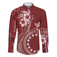 Kia Orana Cook Islands Family Matching Off Shoulder Short Dress and Hawaiian Shirt Tiare and Stars - Scarlet LT7 Dad's Shirt - Long Sleeve Red - Polynesian Pride
