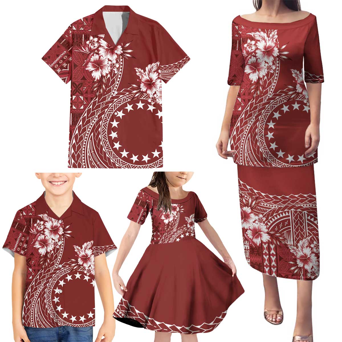 Kia Orana Cook Islands Family Matching Puletasi and Hawaiian Shirt Tiare and Stars - Scarlet LT7 - Polynesian Pride