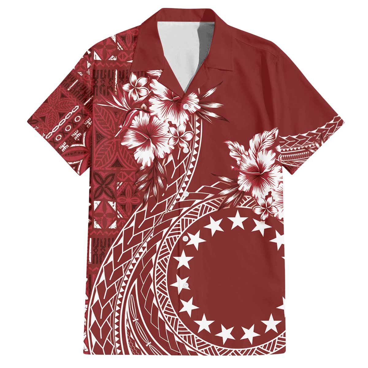 Kia Orana Cook Islands Family Matching Puletasi and Hawaiian Shirt Tiare and Stars - Scarlet LT7 Dad's Shirt - Short Sleeve Red - Polynesian Pride
