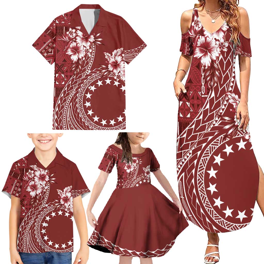 Kia Orana Cook Islands Family Matching Summer Maxi Dress and Hawaiian Shirt Tiare and Stars - Scarlet LT7 - Polynesian Pride