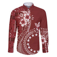 Kia Orana Cook Islands Family Matching Summer Maxi Dress and Hawaiian Shirt Tiare and Stars - Scarlet LT7 Dad's Shirt - Long Sleeve Red - Polynesian Pride