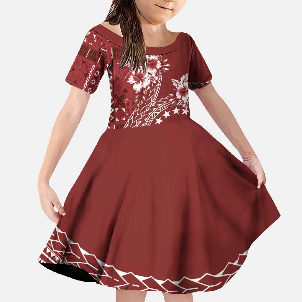 Kia Orana Cook Islands Family Matching Tank Maxi Dress and Hawaiian Shirt Tiare and Stars - Scarlet LT7 Daughter's Dress Red - Polynesian Pride