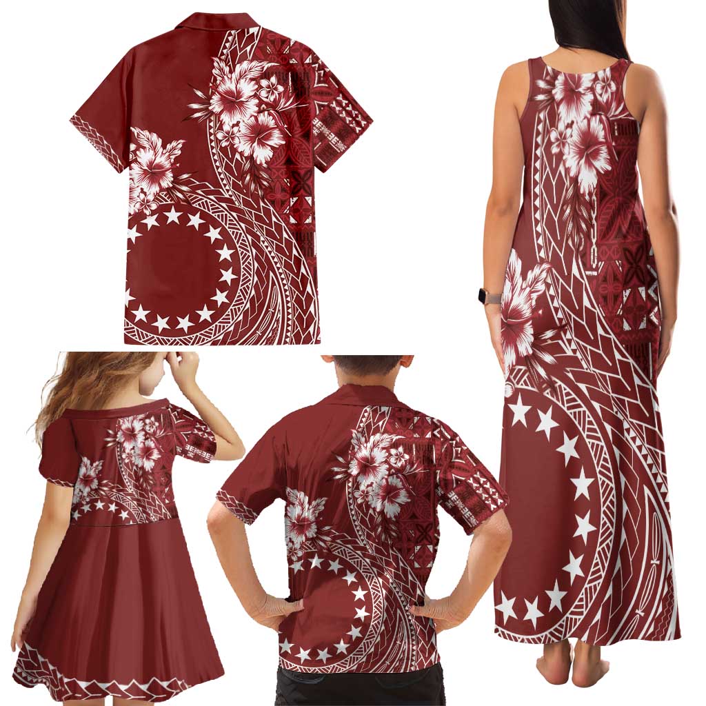 Kia Orana Cook Islands Family Matching Tank Maxi Dress and Hawaiian Shirt Tiare and Stars - Scarlet LT7 - Polynesian Pride