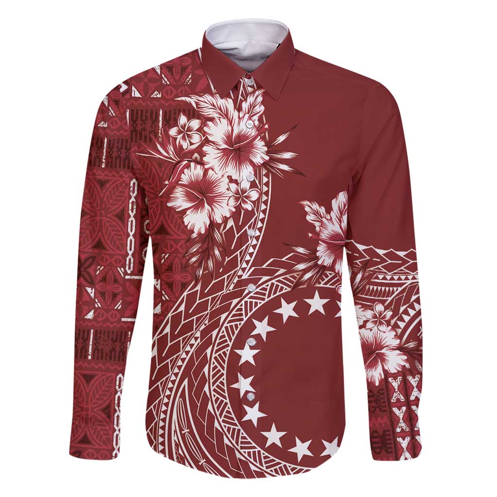 Kia Orana Cook Islands Family Matching Tank Maxi Dress and Hawaiian Shirt Tiare and Stars - Scarlet LT7 Dad's Shirt - Long Sleeve Red - Polynesian Pride