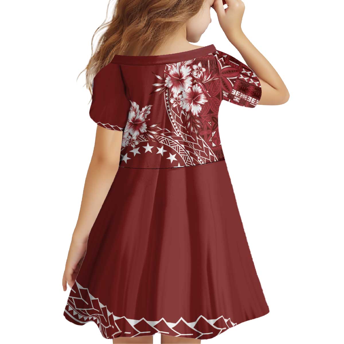 Kia Orana Cook Islands Kid Short Sleeve Dress Tiare and Stars - Scarlet LT7 - Polynesian Pride