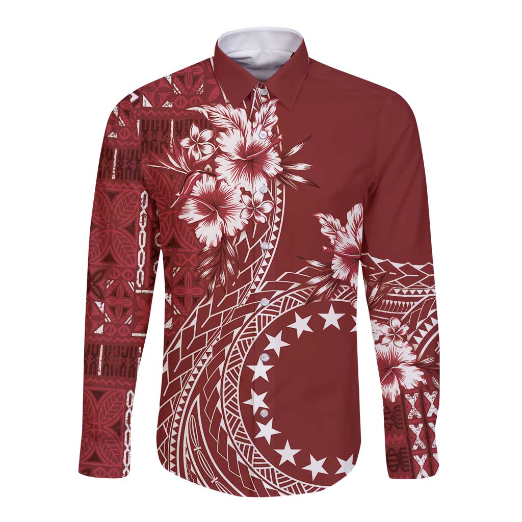 Kia Orana Cook Islands Long Sleeve Button Shirt Tiare and Stars - Scarlet LT7 Unisex Red - Polynesian Pride