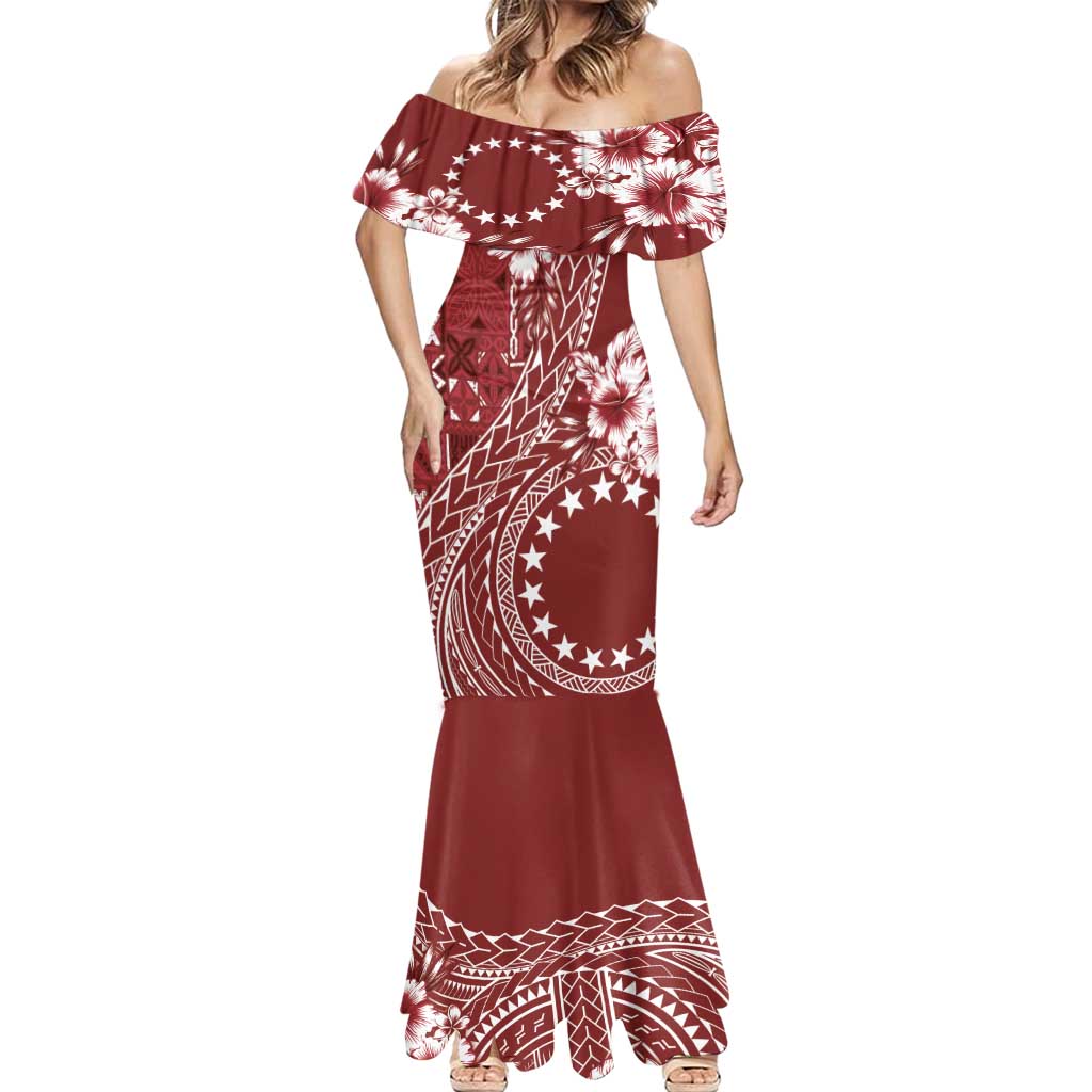 Kia Orana Cook Islands Mermaid Dress Tiare and Stars - Scarlet LT7 - Polynesian Pride
