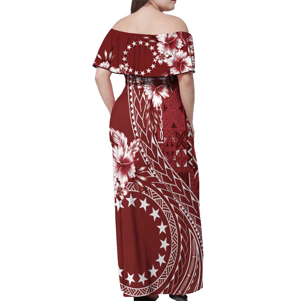 Kia Orana Cook Islands Off Shoulder Maxi Dress Tiare and Stars - Scarlet LT7 - Polynesian Pride