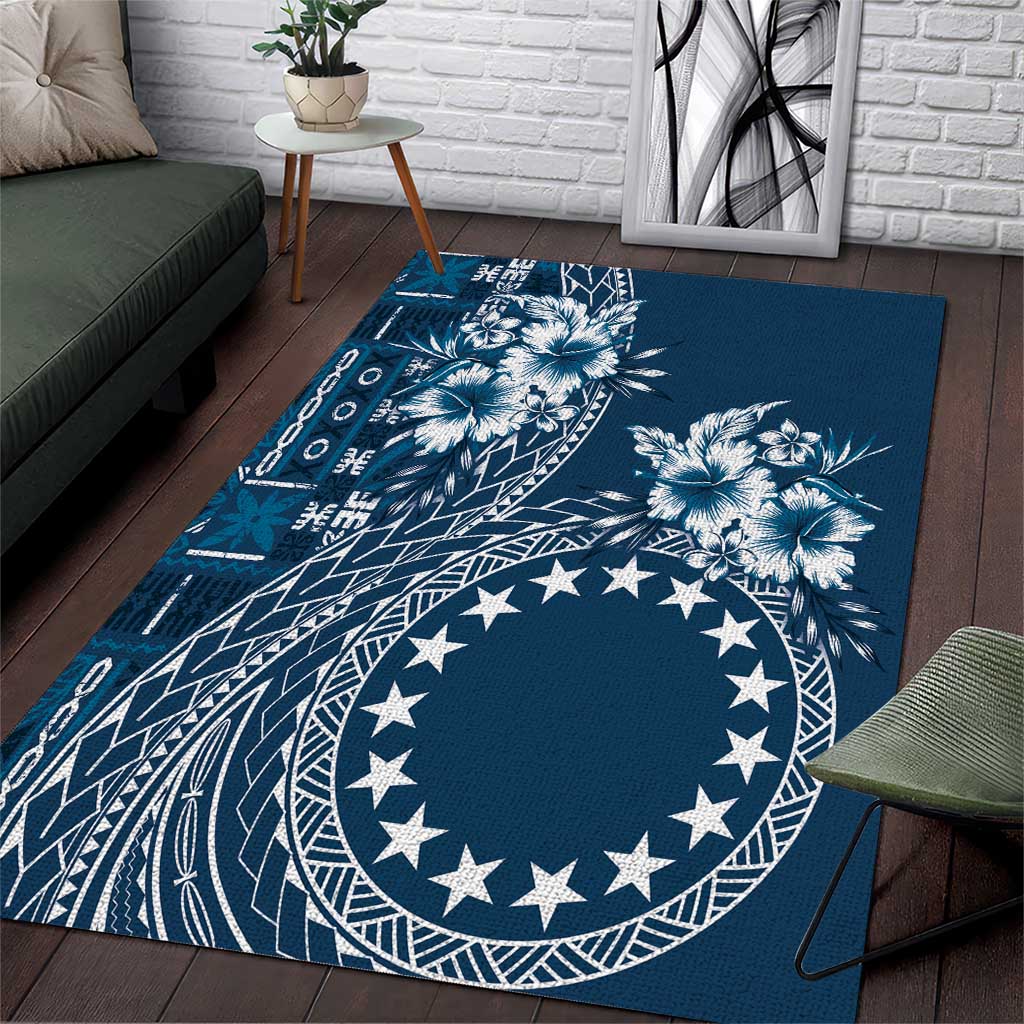 Kia Orana Cook Islands Area Rug Tiare and Stars - Navy Blue