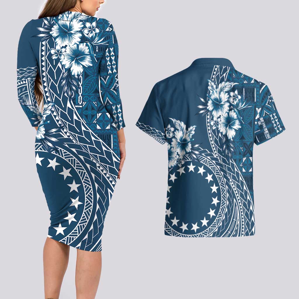 Kia Orana Cook Islands Couples Matching Long Sleeve Bodycon Dress and Hawaiian Shirt Tiare and Stars - Navy Blue