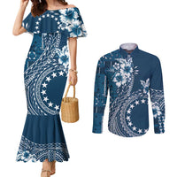 Kia Orana Cook Islands Couples Matching Mermaid Dress and Long Sleeve Button Shirt Tiare and Stars - Navy Blue LT7 Navy Blue - Polynesian Pride