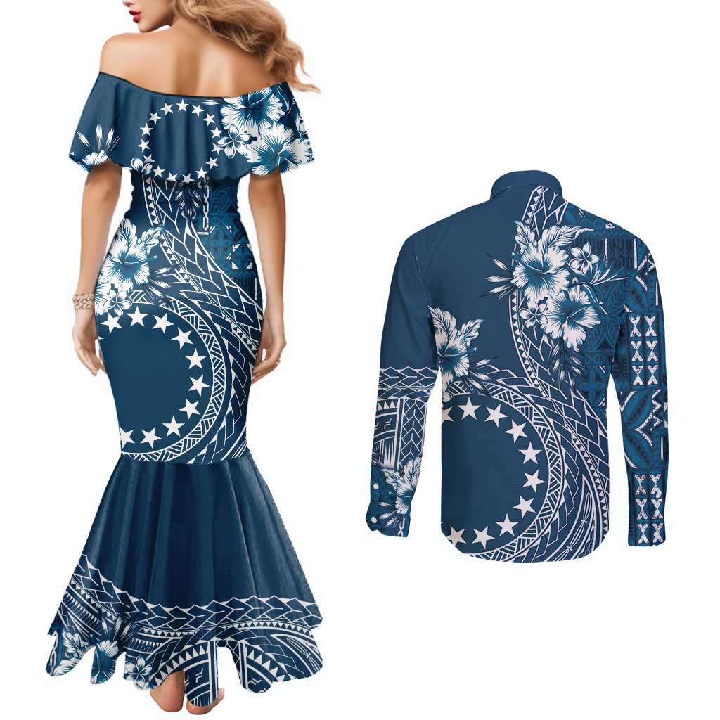 Kia Orana Cook Islands Couples Matching Mermaid Dress and Long Sleeve Button Shirt Tiare and Stars - Navy Blue LT7 - Polynesian Pride
