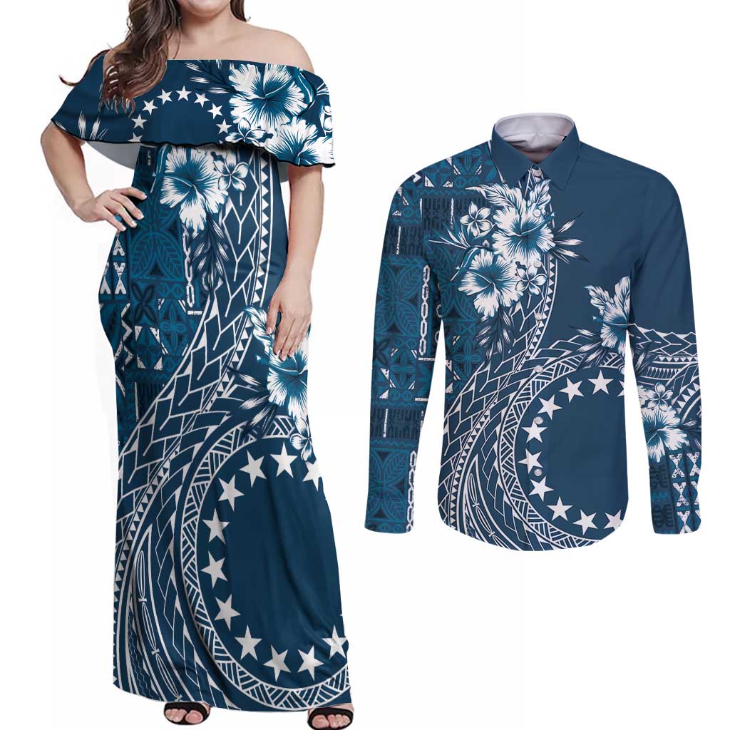 Kia Orana Cook Islands Couples Matching Off Shoulder Maxi Dress and Button Shirt - Tiare and Stars Navy Blue LT7 Navy Blue - Polynesian Pride