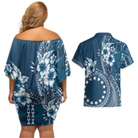 Kia Orana Cook Islands Couples Matching Off Shoulder Short Dress and Hawaiian Shirt Tiare and Stars - Navy Blue