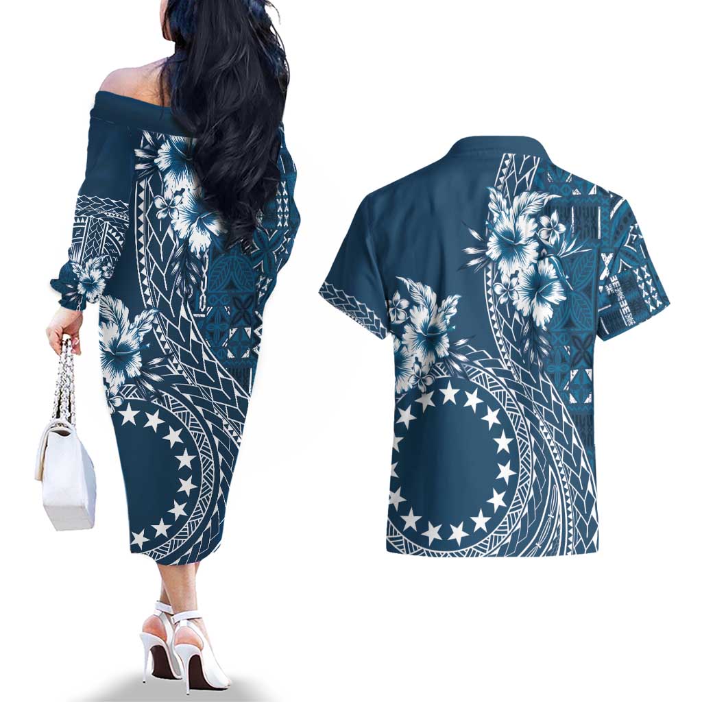 Kia Orana Cook Islands Couples Matching Off The Shoulder Long Sleeve Dress and Hawaiian Shirt Tiare and Stars - Navy Blue
