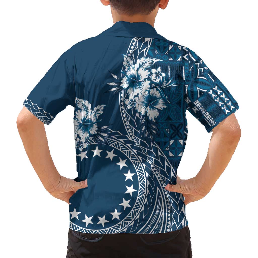 Kia Orana Cook Islands Family Matching Off Shoulder Maxi Dress and Hawaiian Shirt Tiare and Stars - Navy Blue LT7 - Polynesian Pride