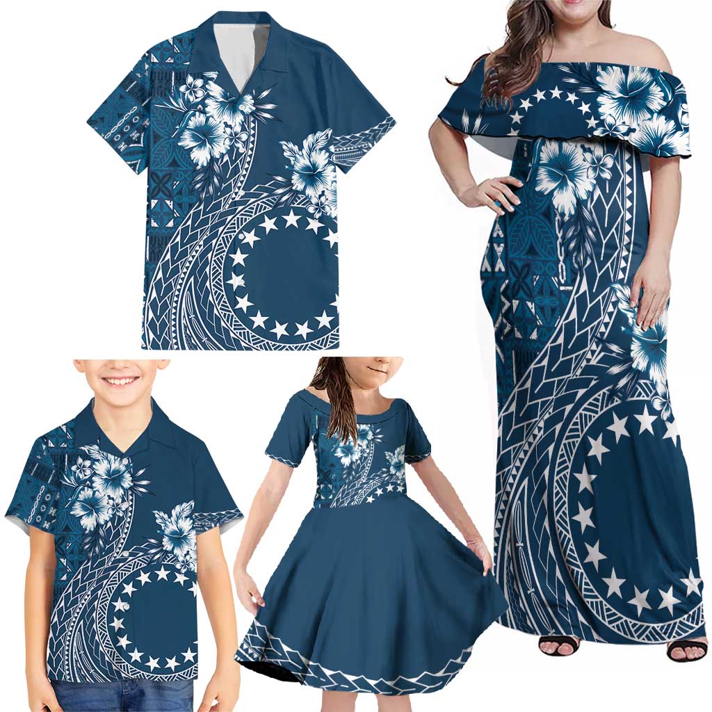 Kia Orana Cook Islands Family Matching Off Shoulder Maxi Dress and Hawaiian Shirt Tiare and Stars - Navy Blue LT7 - Polynesian Pride
