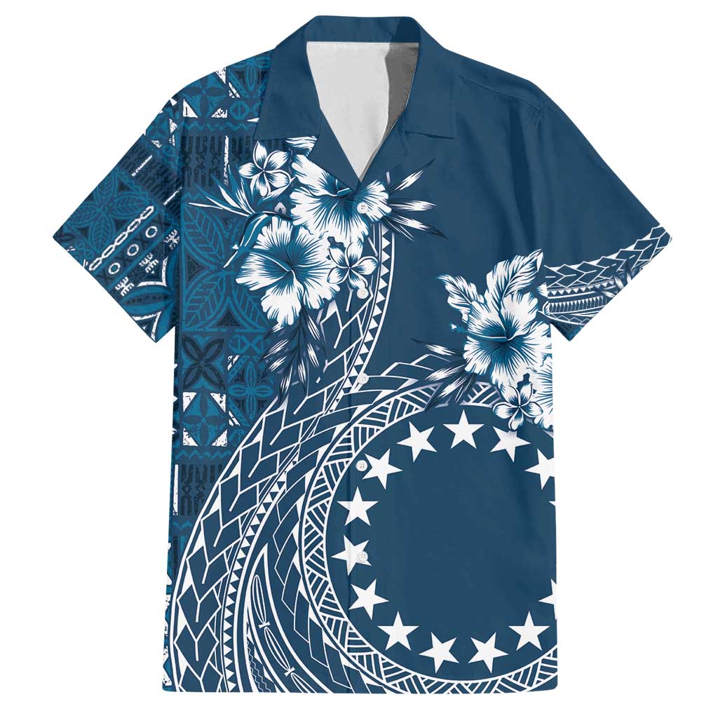 Kia Orana Cook Islands Family Matching Off Shoulder Maxi Dress and Hawaiian Shirt Tiare and Stars - Navy Blue LT7 Dad's Shirt - Short Sleeve Navy Blue - Polynesian Pride